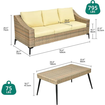 3 Seater Wicker Outdoor Sofa with Thick Cushions & Rattan Table