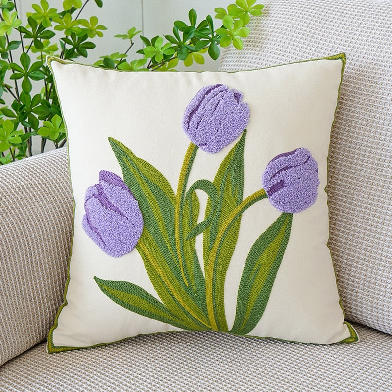 Embordered Tulips Pillow Cover