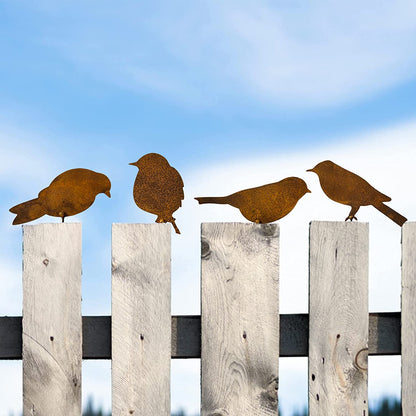 4-teiliges Vogel-Set aus rostigem Metall für Zaundekoration