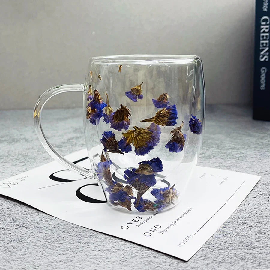 Double-layer Real Dried Flowers Glass Mug