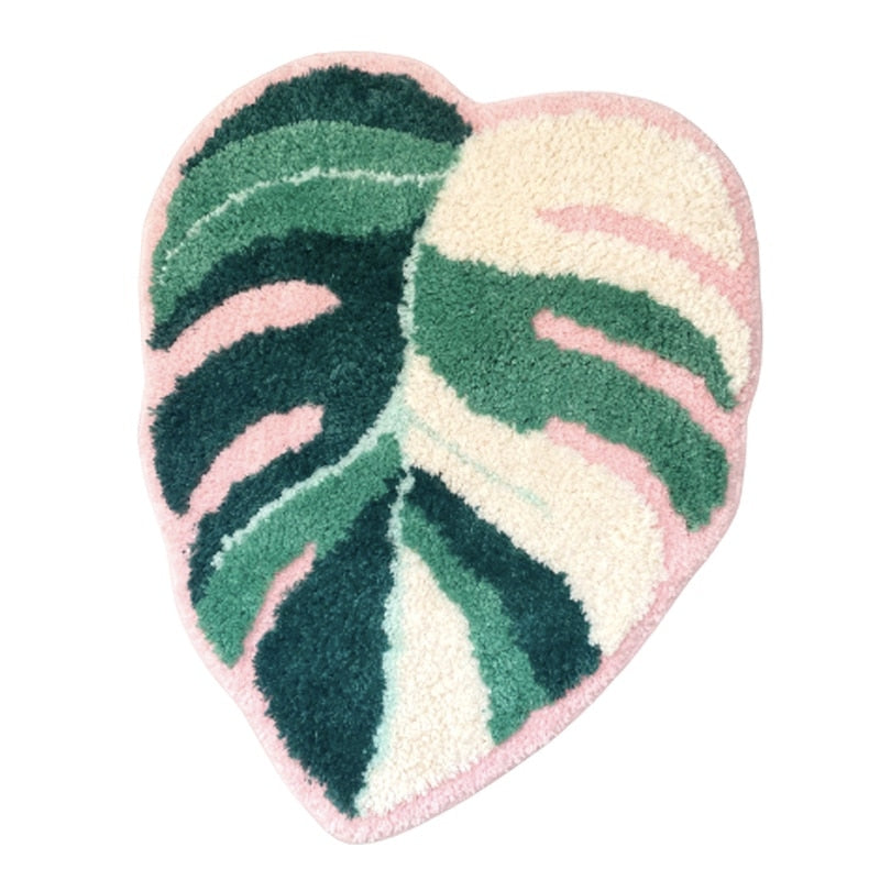 Pink Monstera Tufted Shaggy Floor Rug