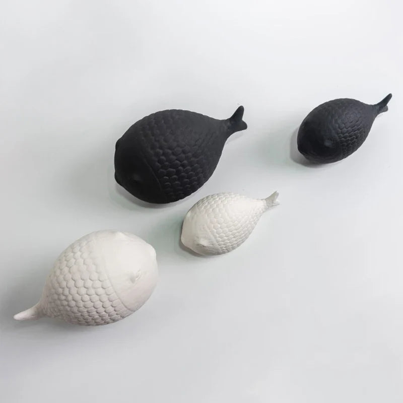 Black and White Ceramic Fish Sculpture Set