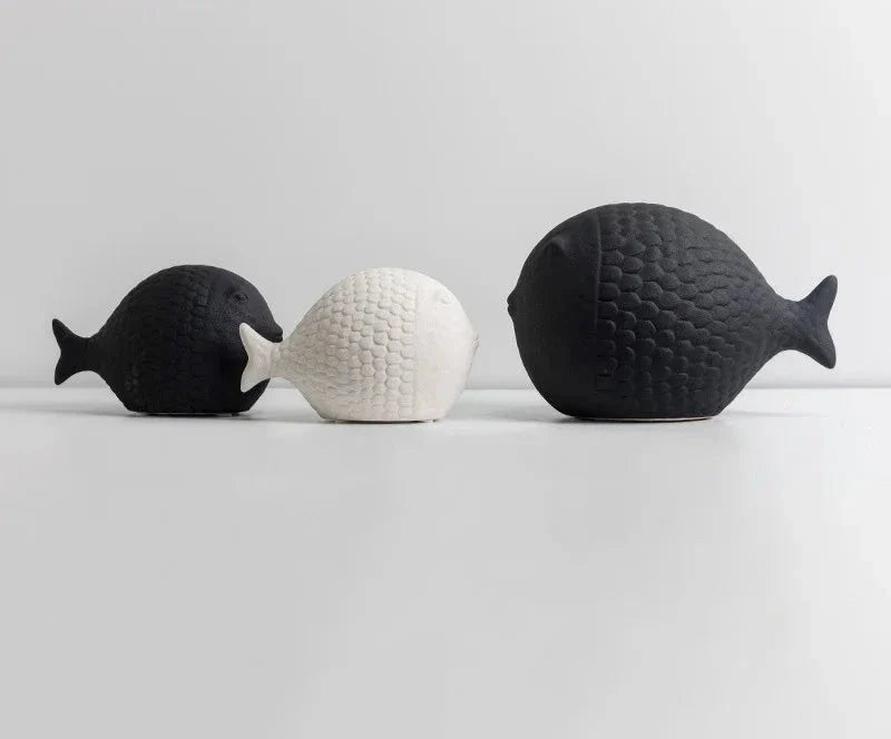 Black and White Ceramic Fish Sculpture Set