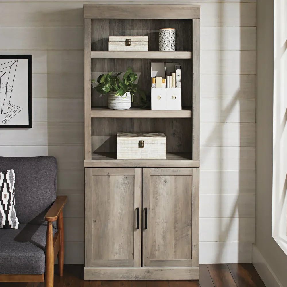 5 Shelf Bookcase with Doors Rustic Gray