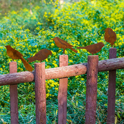 4 peças de decoração de cerca de conjunto de pássaros de metal enferrujado