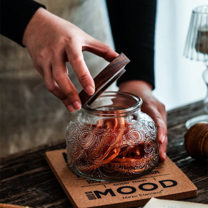 Retro Carved Wooden Lid Glass Jar