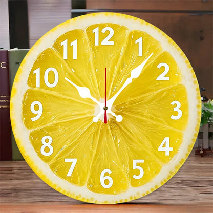 Silent Lemon-Themed Wooden Wall Clock