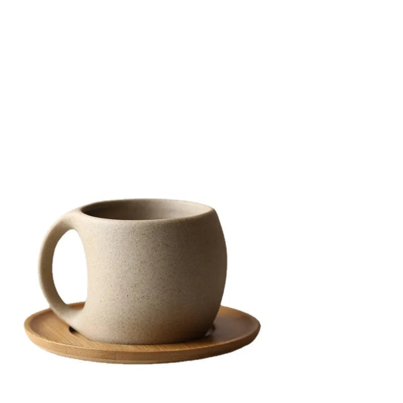 Minimalist Ceramic Coffee Mug with Wooden Saucer