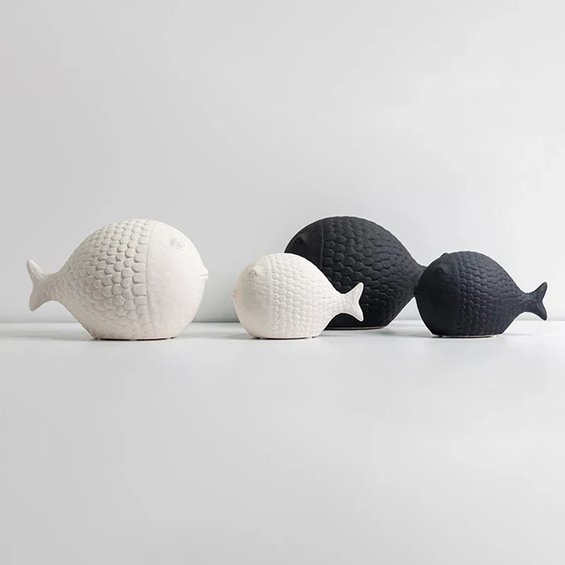 Black and White Ceramic Fish Sculpture Set