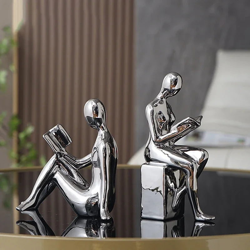 Modern Gold Couple Reading Statue Set