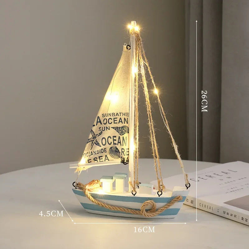 Mediterranean Wooden Sailboat Decor with LED Lights