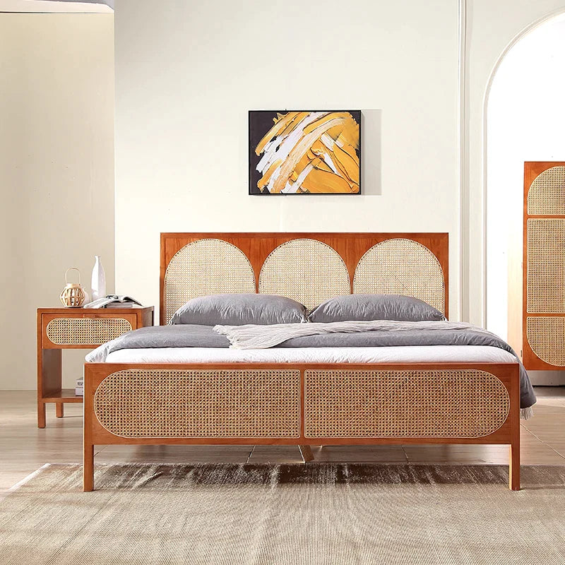 Scandinavian Natural Wicker Panel Bed with Headboard