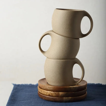 Minimalist Ceramic Coffee Mug with Wooden Saucer