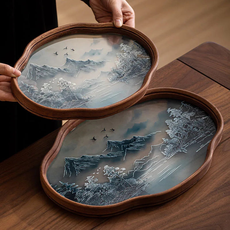 Teetablett aus Bambusholz und Glas 