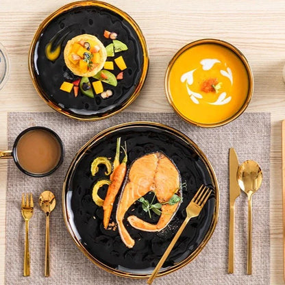 Black Dinnerware Set with Gold Trim