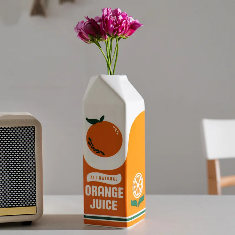 Retro Orange Juice Carton Ceramic Vase