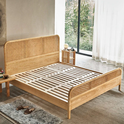 Natural Teak Wood Bed Rattan Headboard