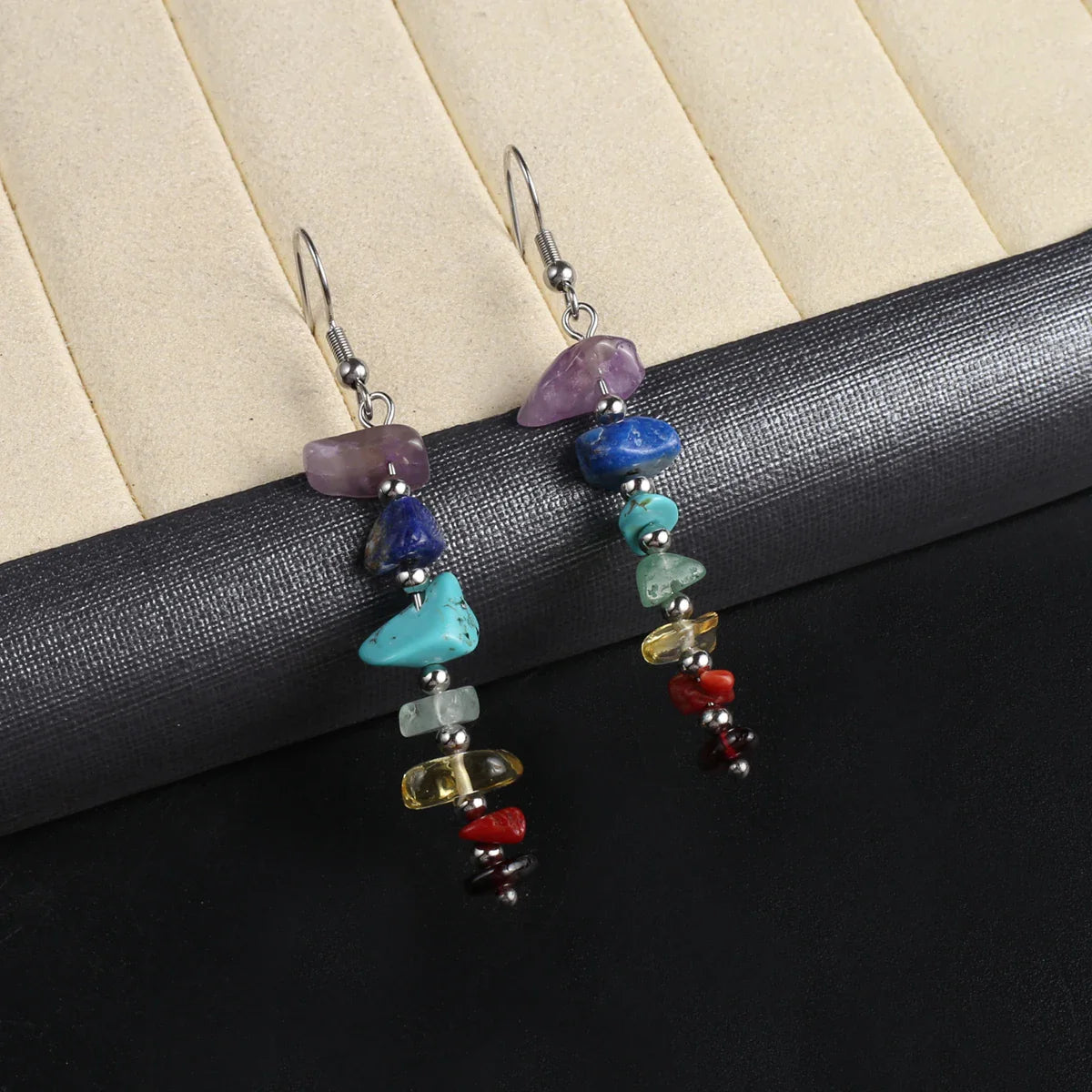 Boucles d'oreilles pendantes en pierre de cristal naturel 7 chakras