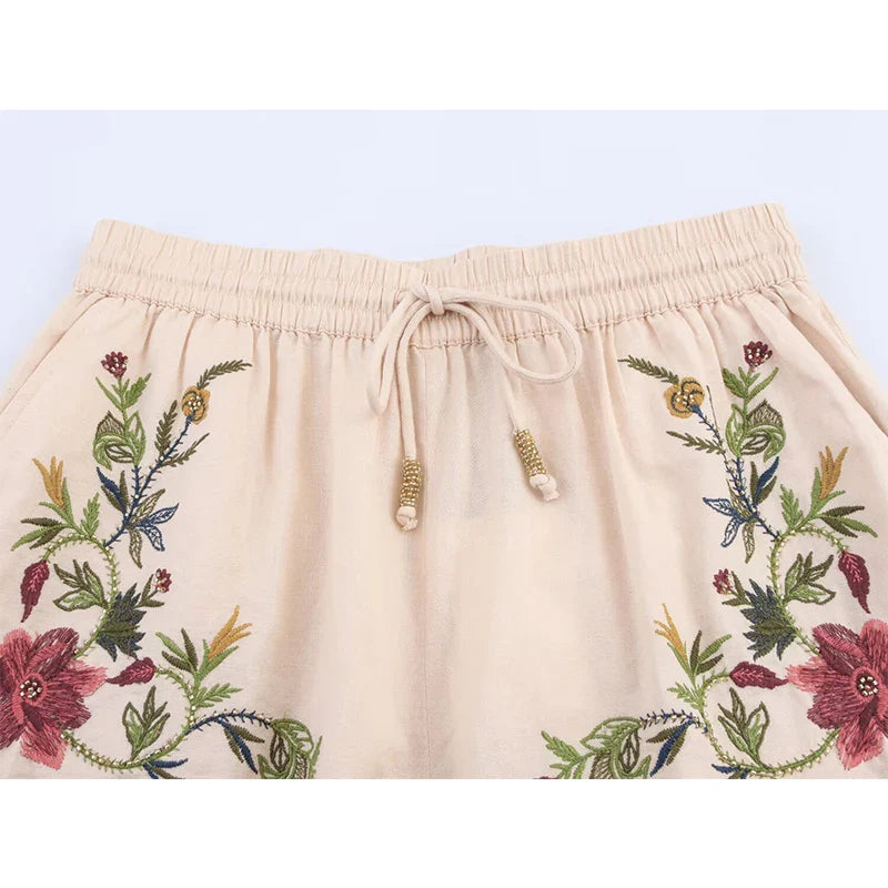 FloréaEase Drawstring Embroidery Shorts
