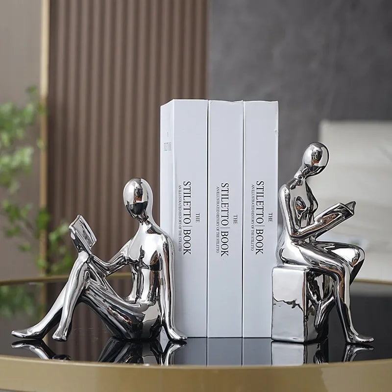 Modern Gold Couple Reading Statue Set