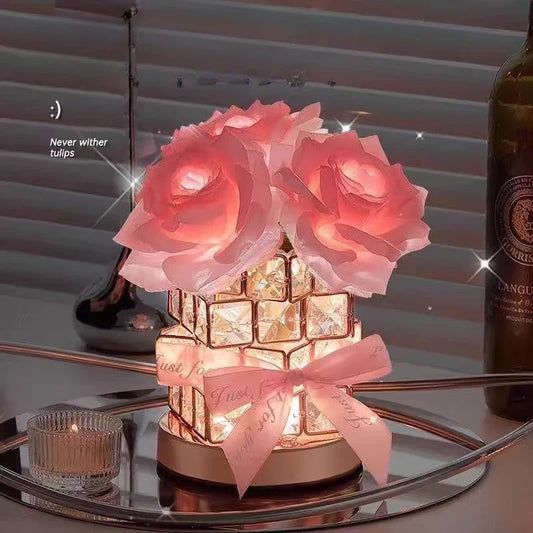 Lampe de table cubique en cristal rose romantique