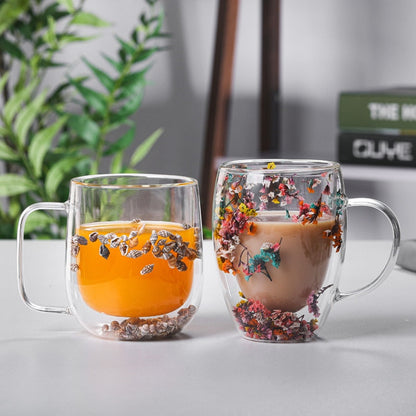 Double Wall Dry Flowers Glass Mug