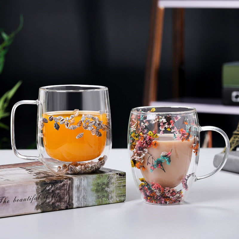 Double Wall Dry Flowers Glass Mug