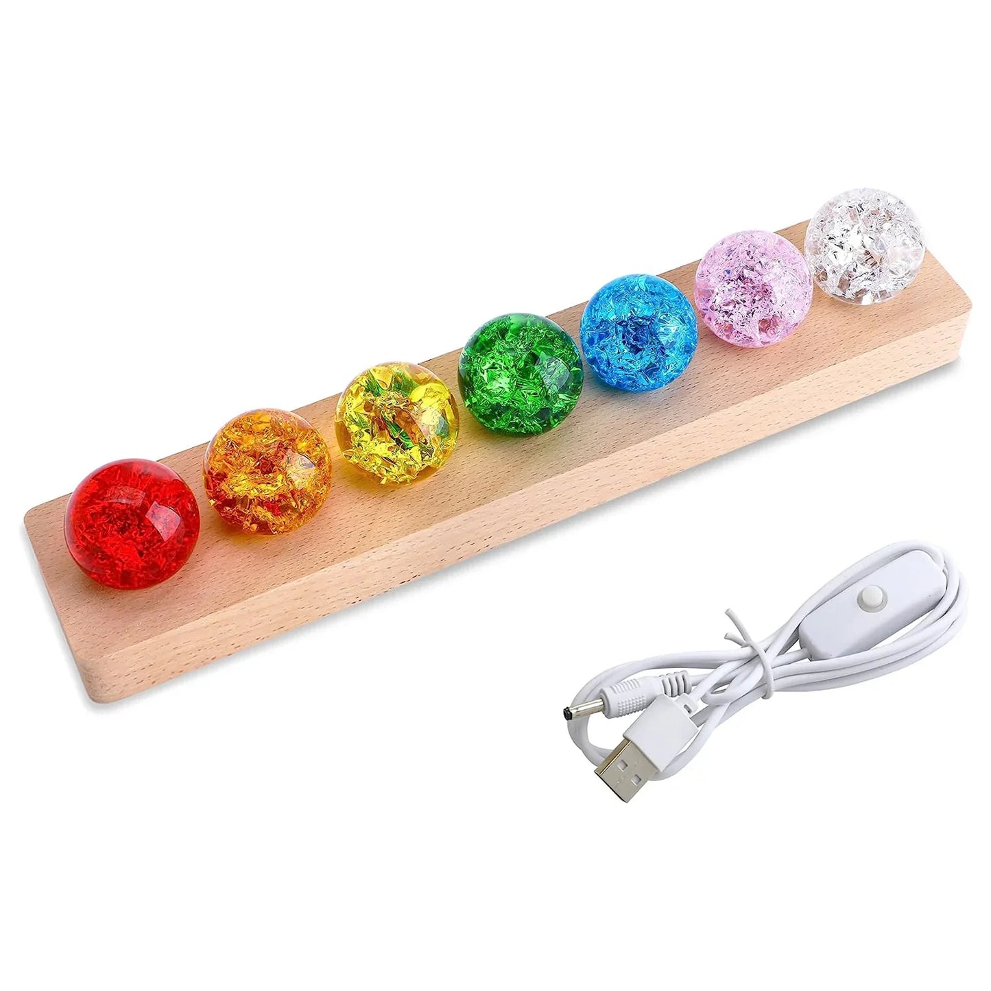 7 Chakra-Heilkugeln mit LED-Holzständer