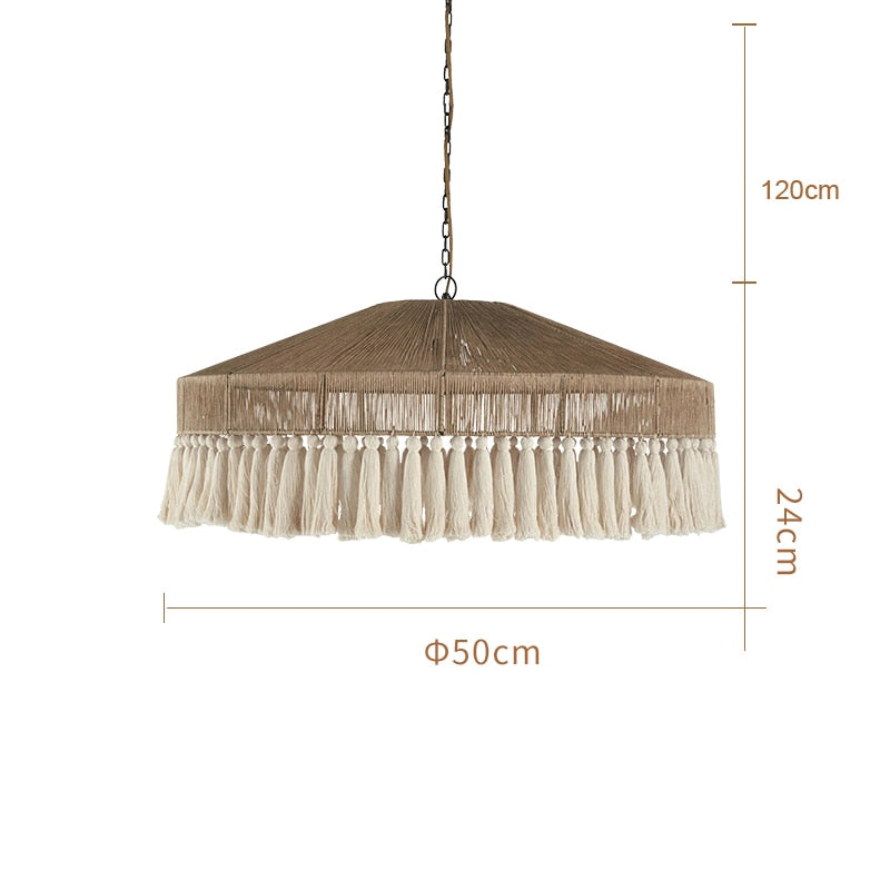 Luz pendente com borla de corda de cânhamo boêmia