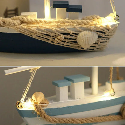 Mediterranean Wooden Sailboat Decor with LED Lights
