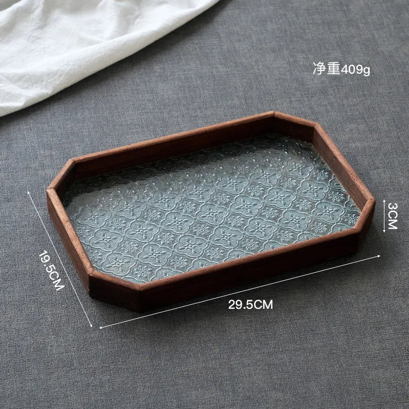 Japan-Style Wood & Embossed Glass Serving Tray