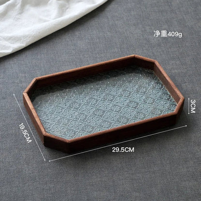 Japan-Style Wood & Embossed Glass Serving Tray