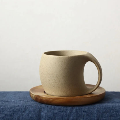 Minimalist Ceramic Coffee Mug with Wooden Saucer