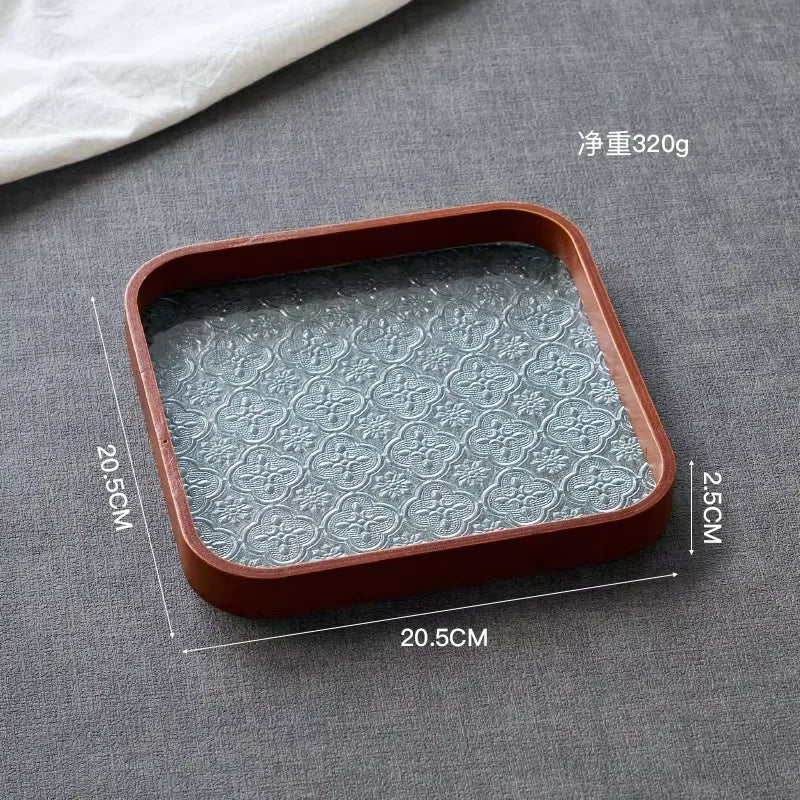 Japan-Style Wood & Embossed Glass Serving Tray