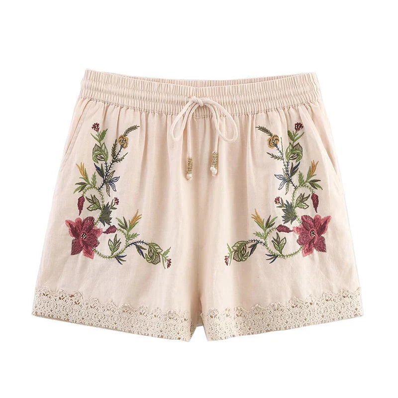 FloréaEase Drawstring Embroidery Shorts