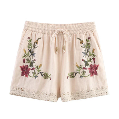 FloréaEase Drawstring Embroidery Shorts