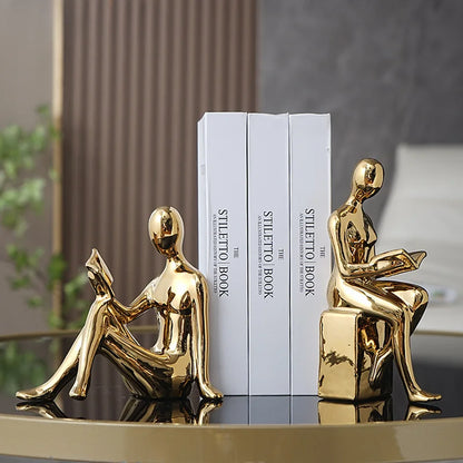 Modern Gold Couple Reading Statue Set