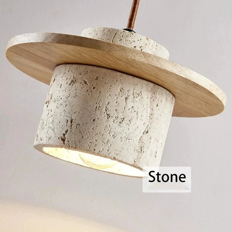 Lampe à Suspension Vintage en Bois et Pierre