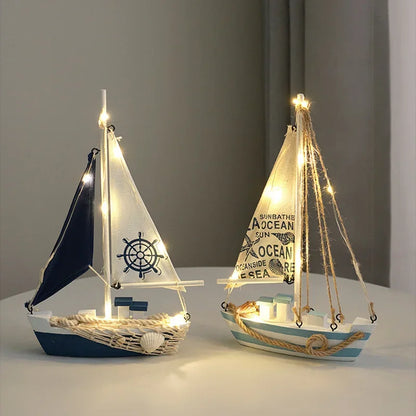 Mediterranean Wooden Sailboat Decor with LED Lights