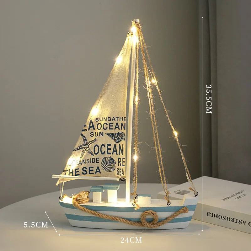 Mediterranean Wooden Sailboat Decor with LED Lights