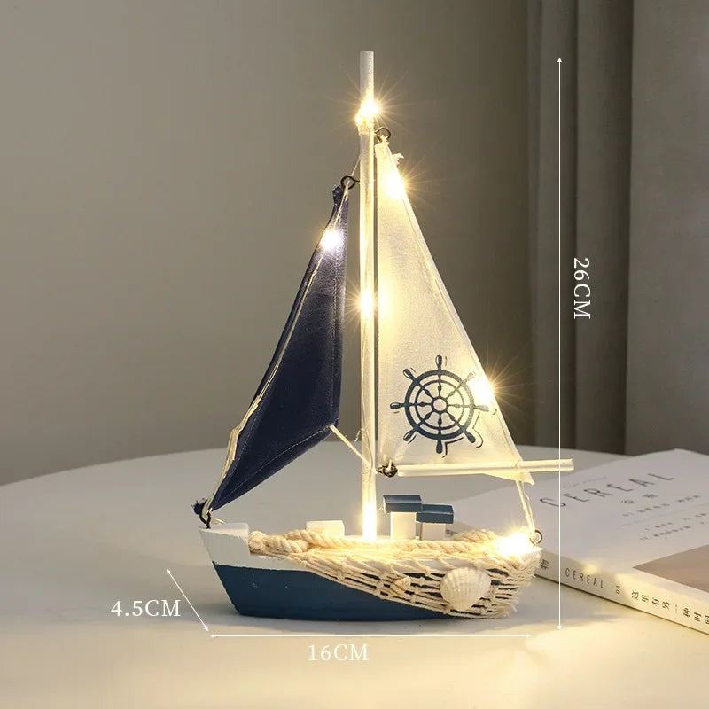Mediterranean Wooden Sailboat Decor with LED Lights