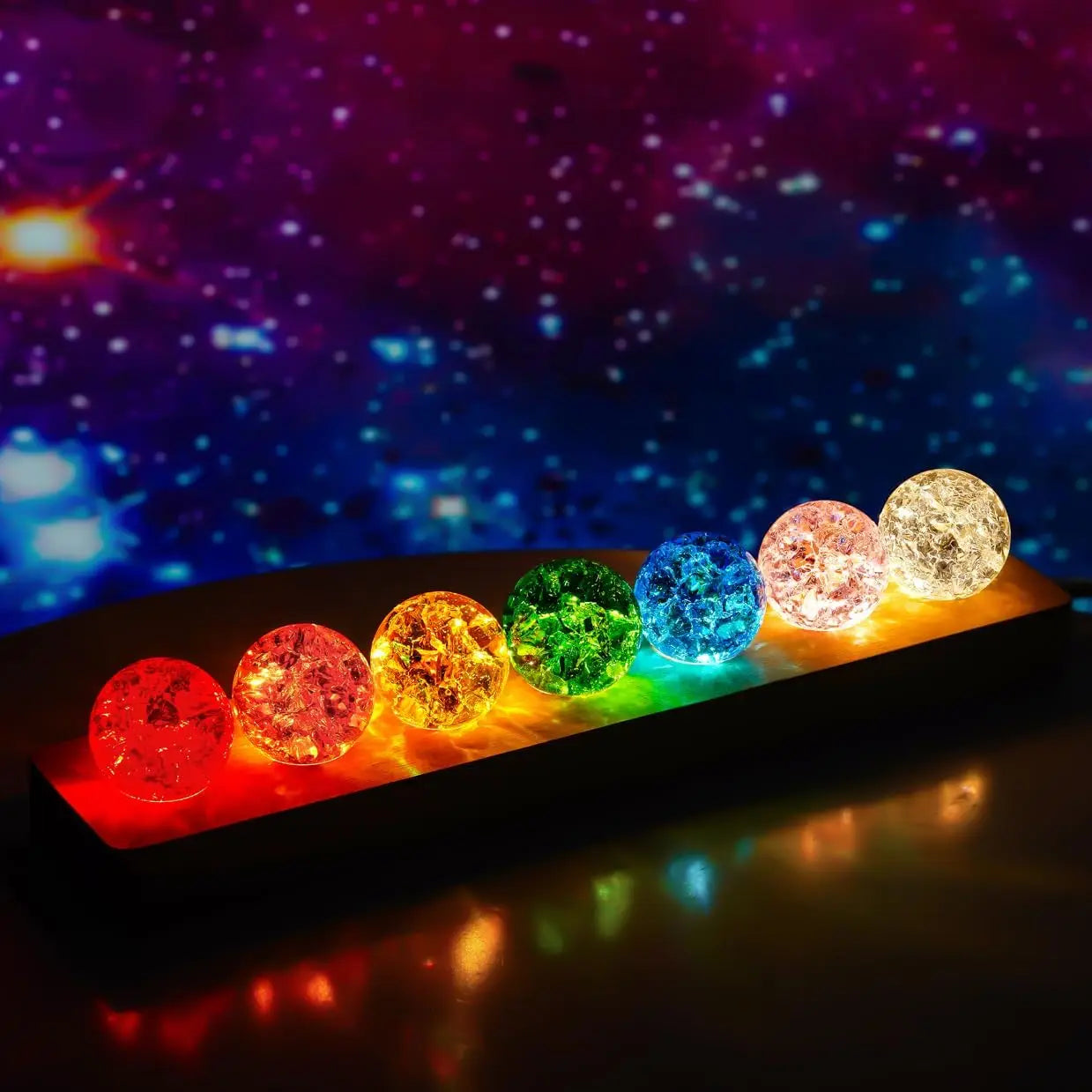 7 Chakra-Heilkugeln mit LED-Holzständer