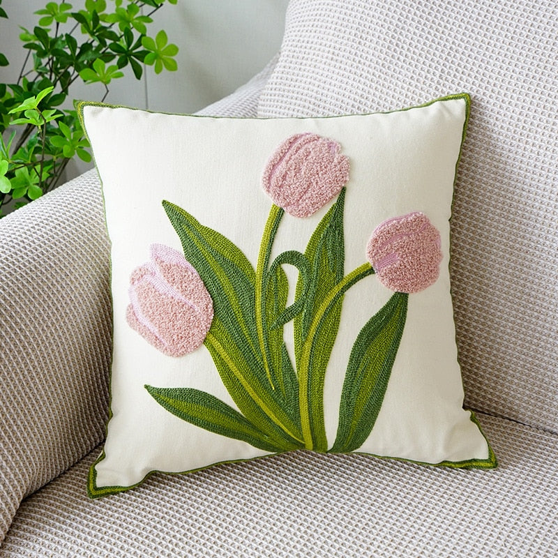 Embordered Tulips Pillow Cover