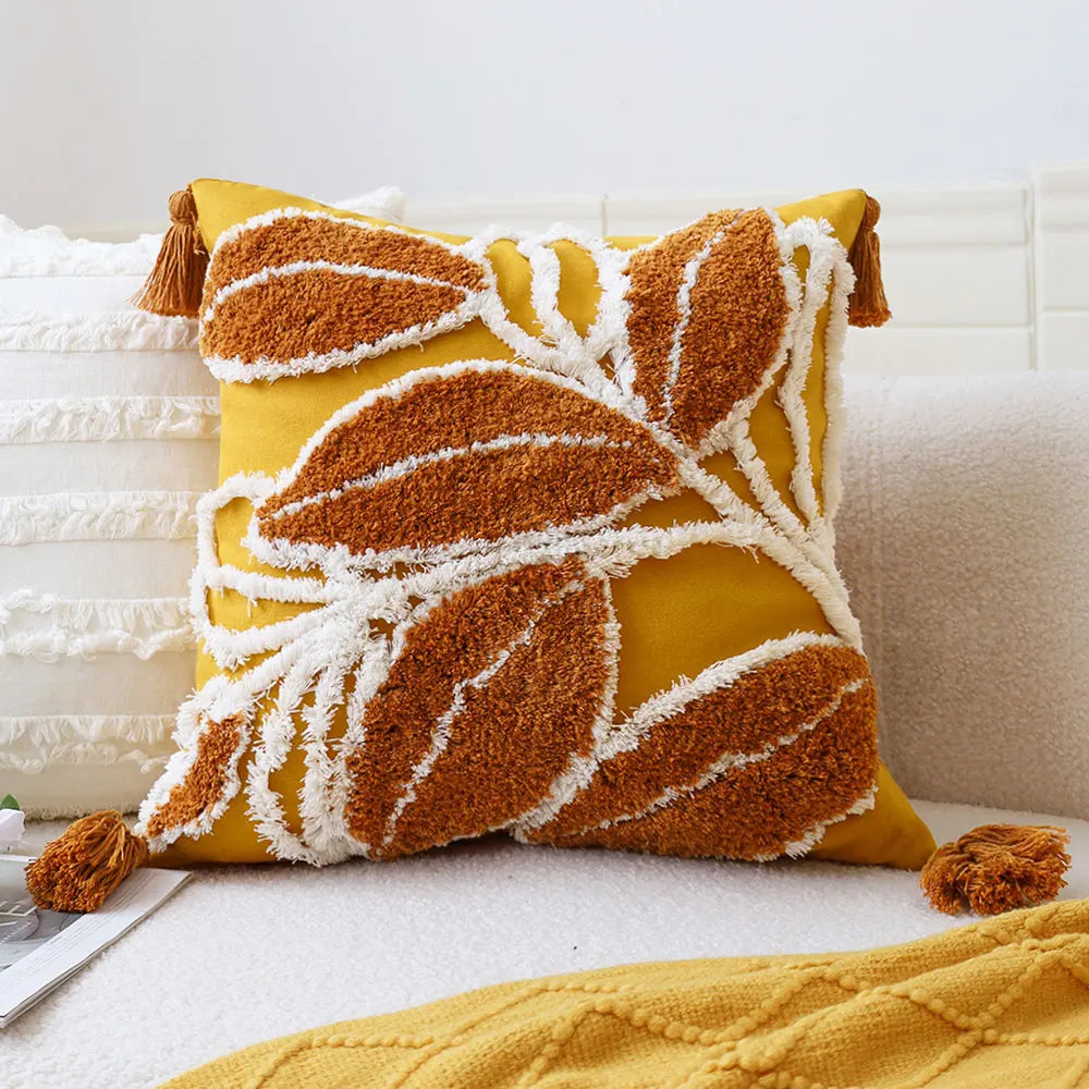 Embroidered Tufted Leafs Cushion Cover