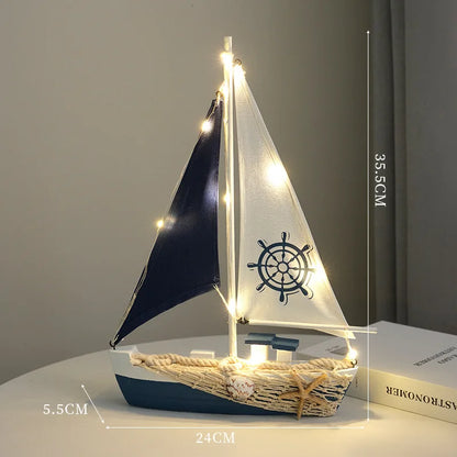 Mediterranean Wooden Sailboat Decor with LED Lights