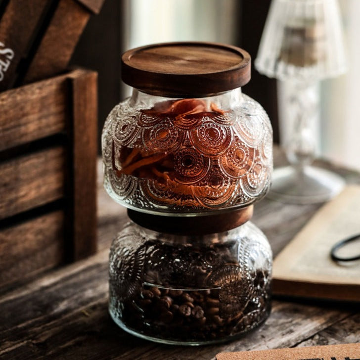 Retro Carved Wooden Lid Glass Jar