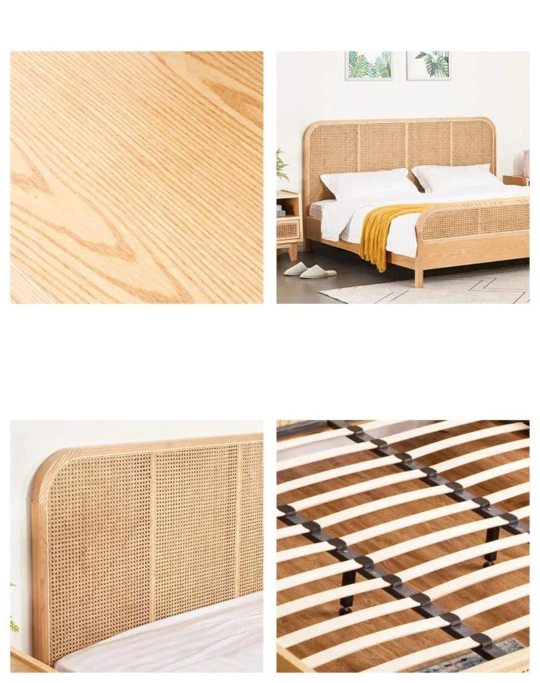 Natural Teak Wood Bed Rattan Headboard