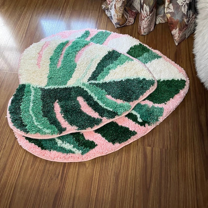 Pink Monstera Tufted Shaggy Floor Rug