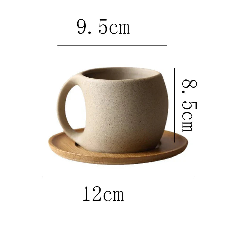 Minimalist Ceramic Coffee Mug with Wooden Saucer