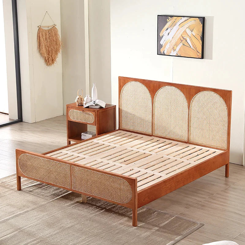 Scandinavian Natural Wicker Panel Bed with Headboard